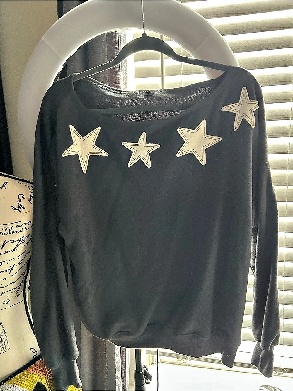 Vinyl Icons Star Appliqué Off the Shoulder Sweatshirt Black